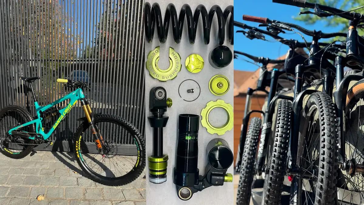 Collage Traildog: bicicleta Santa Cruz y servicio de amortiguadores
