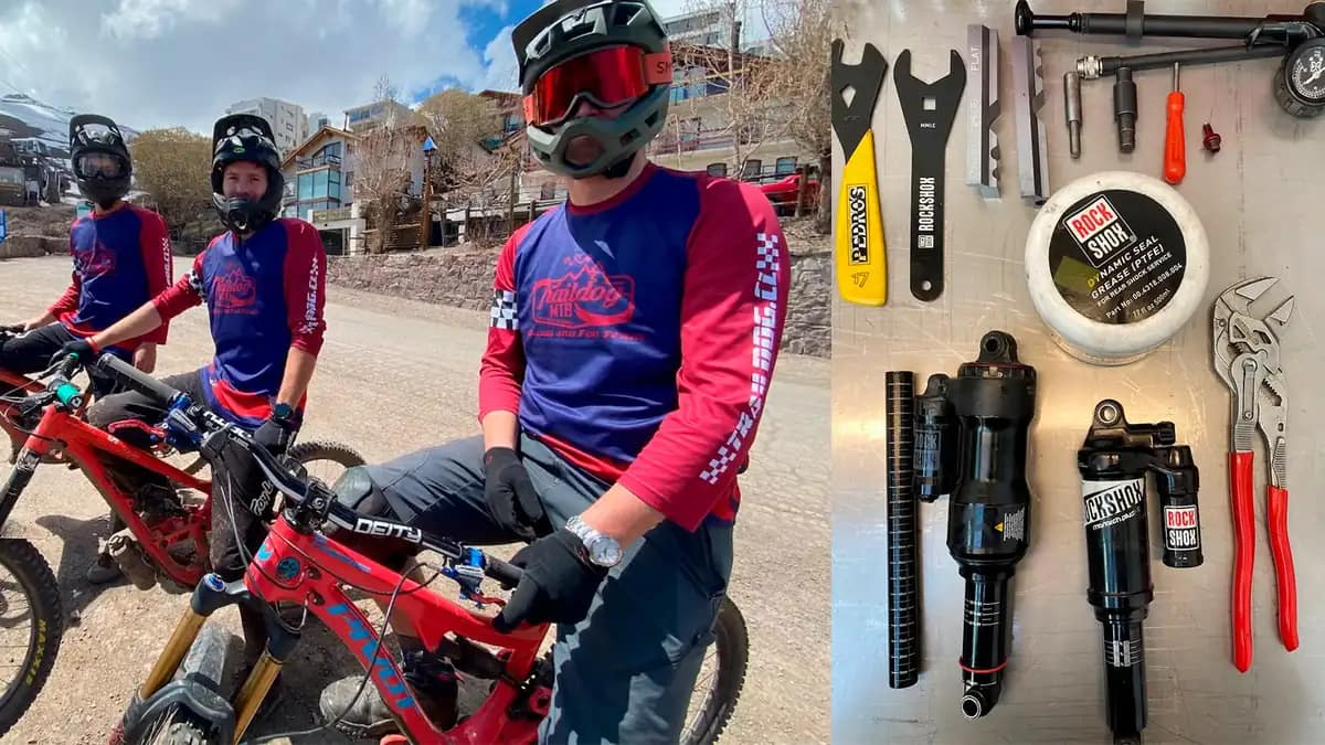 Collage Traildog: equipo MTB y herramientas de servicio de shock