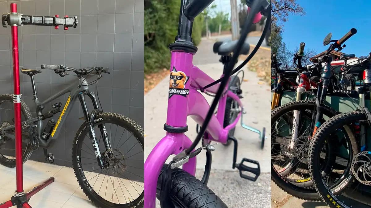 Collage Traildog: bicicleta en caballete, bicicleta infantil y bicicletas en retiro
