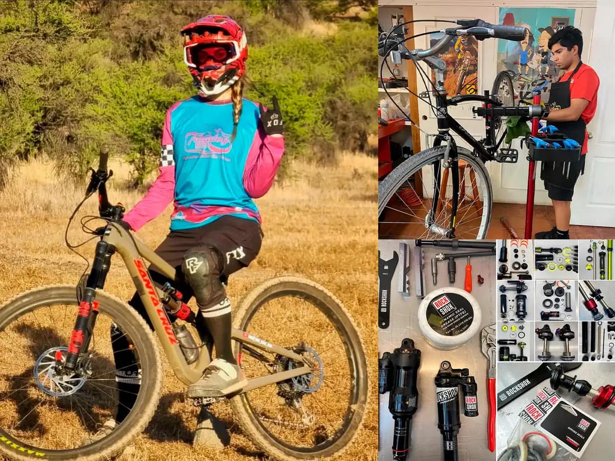 Collage de trabajos Traildog: ciclista Santa Cruz, mecánico en el taller y servicio de suspensiones